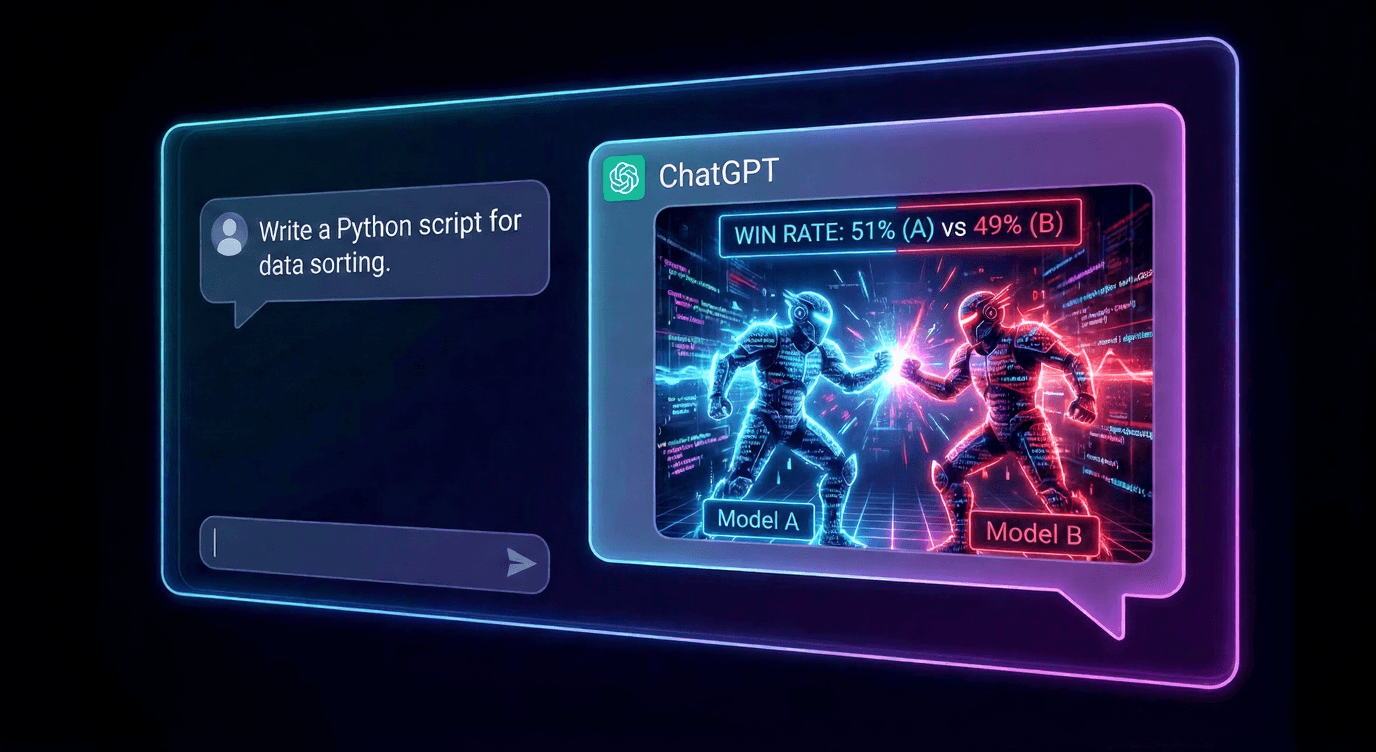 A digital interface visualization within a ChatGPT conversation window, showing two glowing figures made of code, labeled "Model A" and "Model B," battling under a scoreboard that reads "WIN RATE: 51% (A) vs 49% (B)."