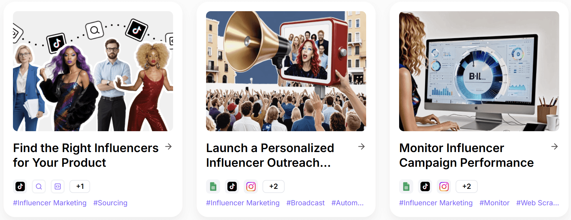 Three SophiaPro influencer marketing templates illustrating the full campaign flow — from finding the right influencers and launching personalized outreach to monitoring campaign performance with analytics dashboards.