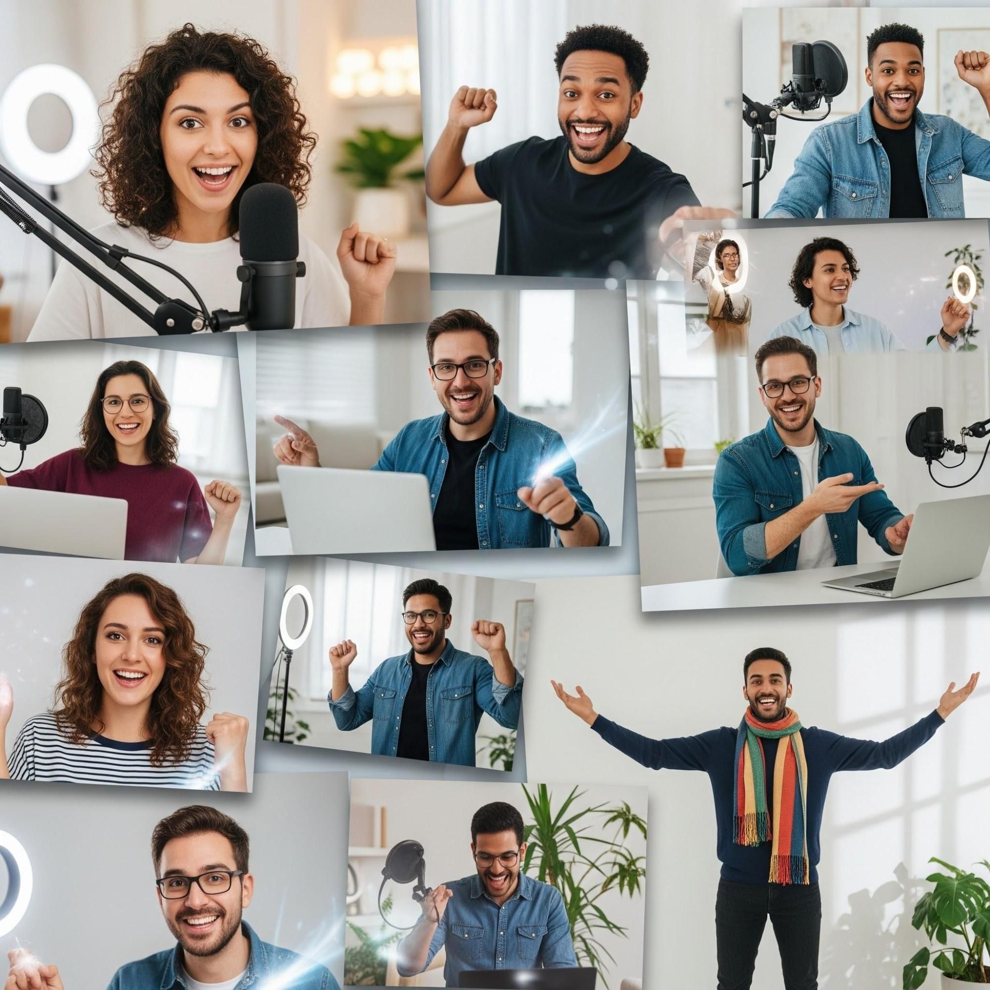 A group of diverse influencers smiling and celebrating during an online video collaboration, symbolizing the energy of influencer marketing in 2025.